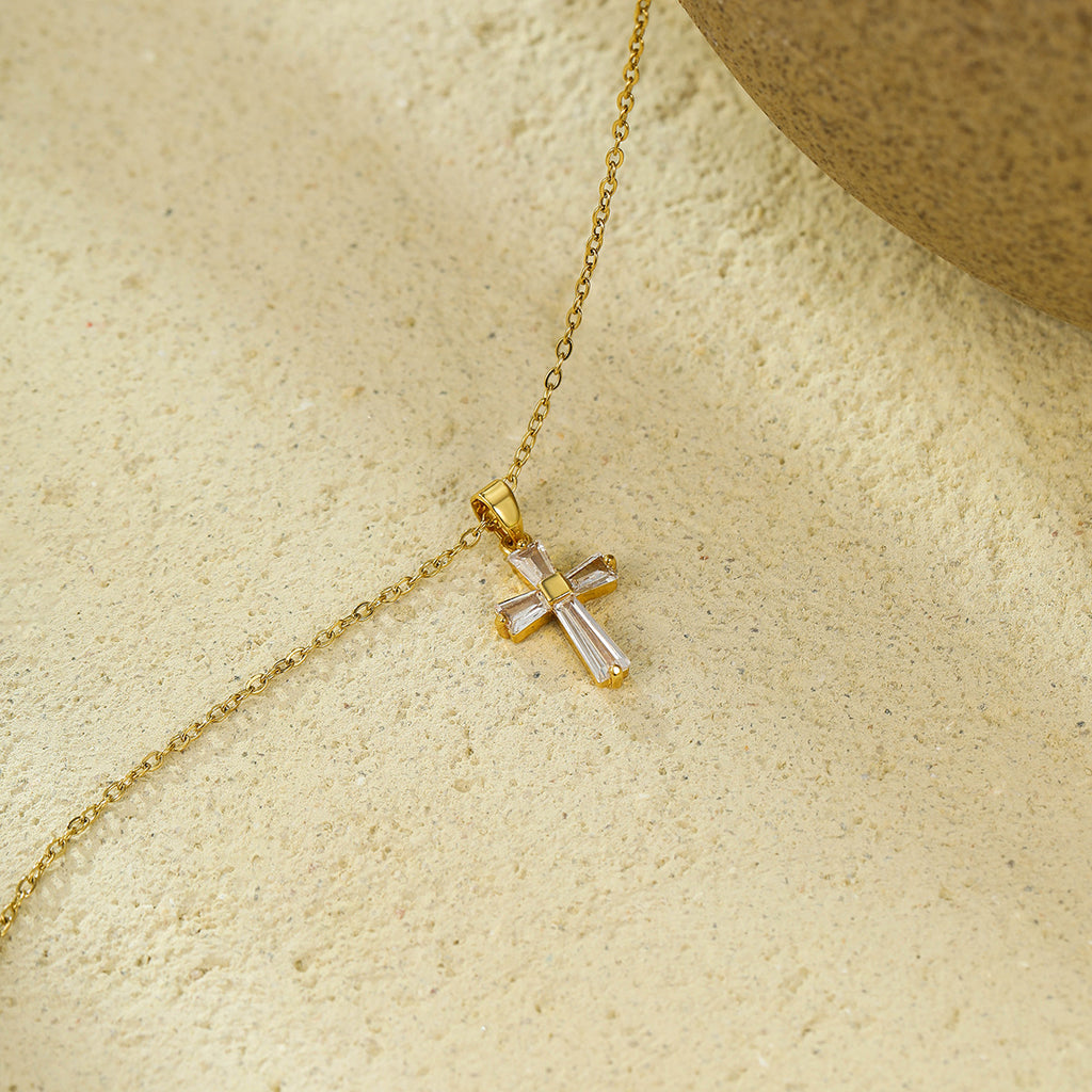 18K gold stainless steel geometric cross pendant inlaid with white zircon collarbone necklace