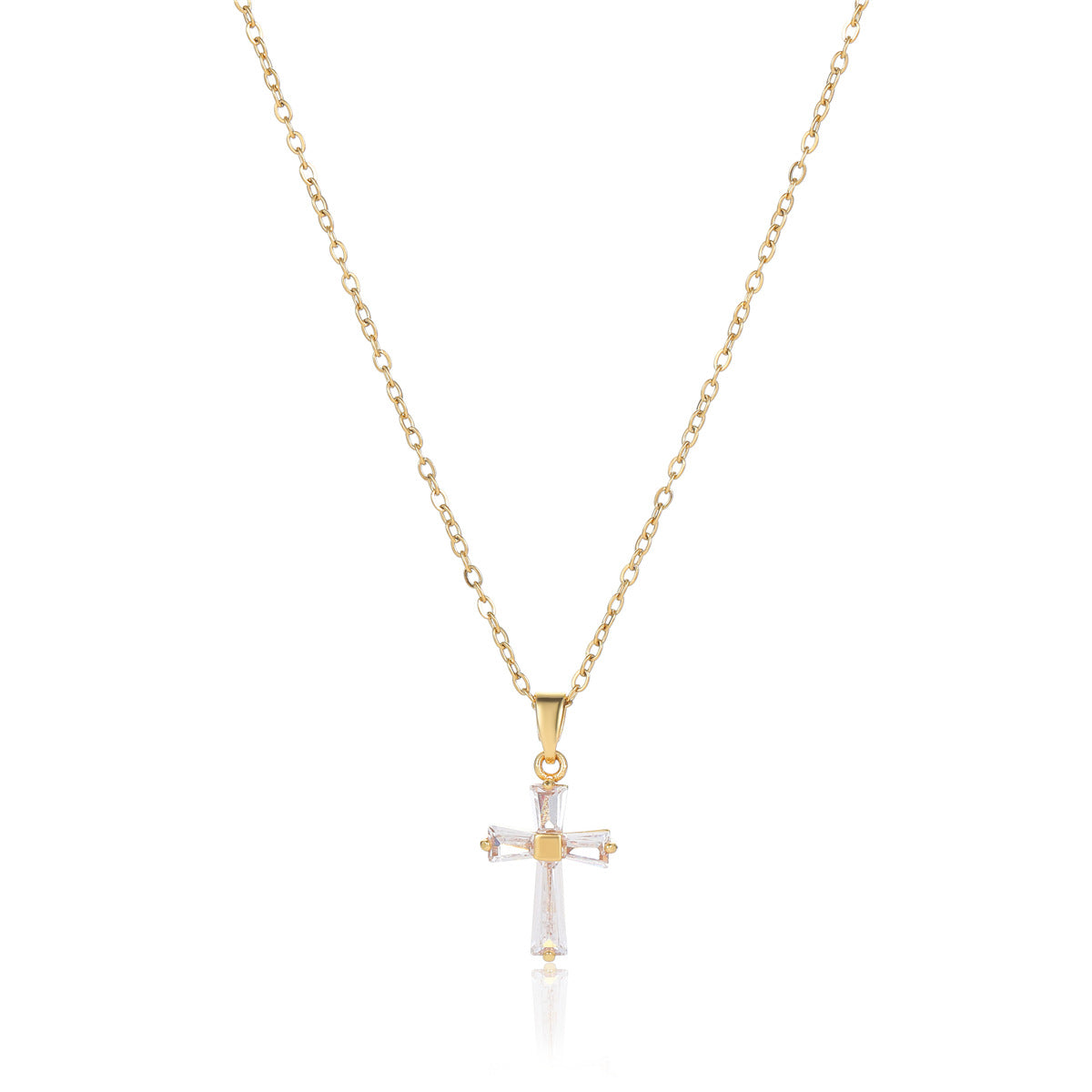 18K gold stainless steel geometric cross pendant inlaid with white zircon collarbone necklace