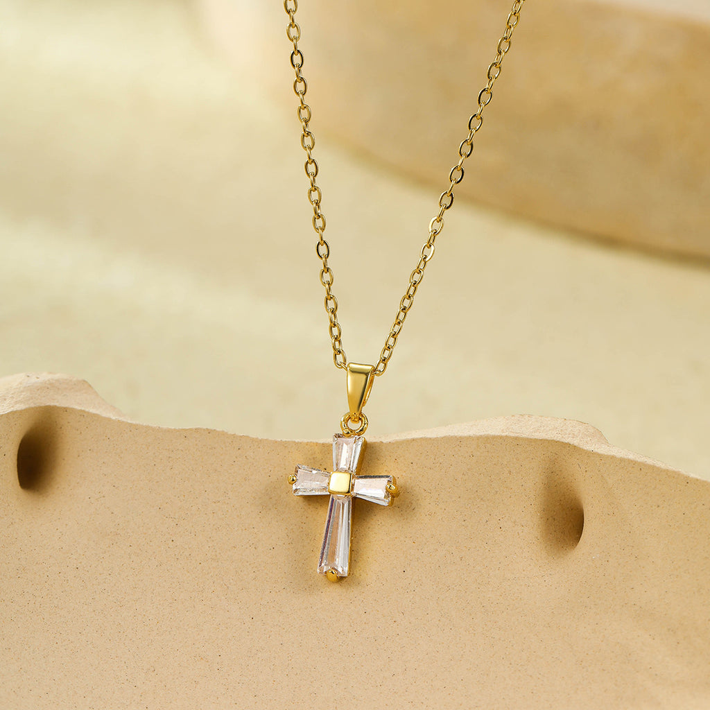 18K gold stainless steel geometric cross pendant inlaid with white zircon collarbone necklace