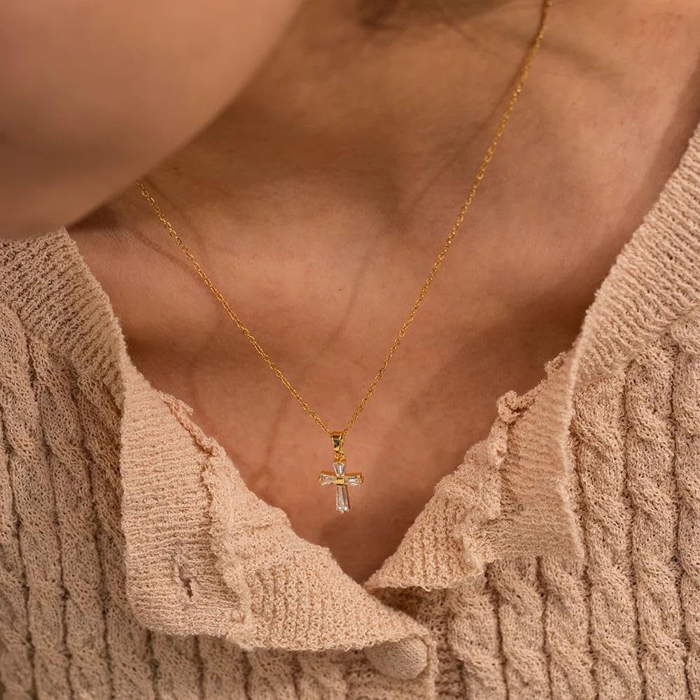 18K gold stainless steel geometric cross pendant inlaid with white zircon collarbone necklace