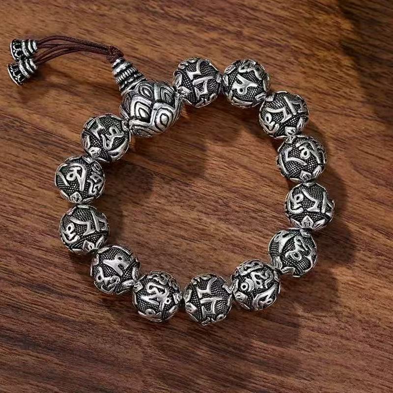 Ethnic Style Literary Buddhist Bead Men's Bracelet with Six-Syllable Mantra, Vintage Unique Design, Yunnan Snowflake Heart Sutra Beaded Bracelet