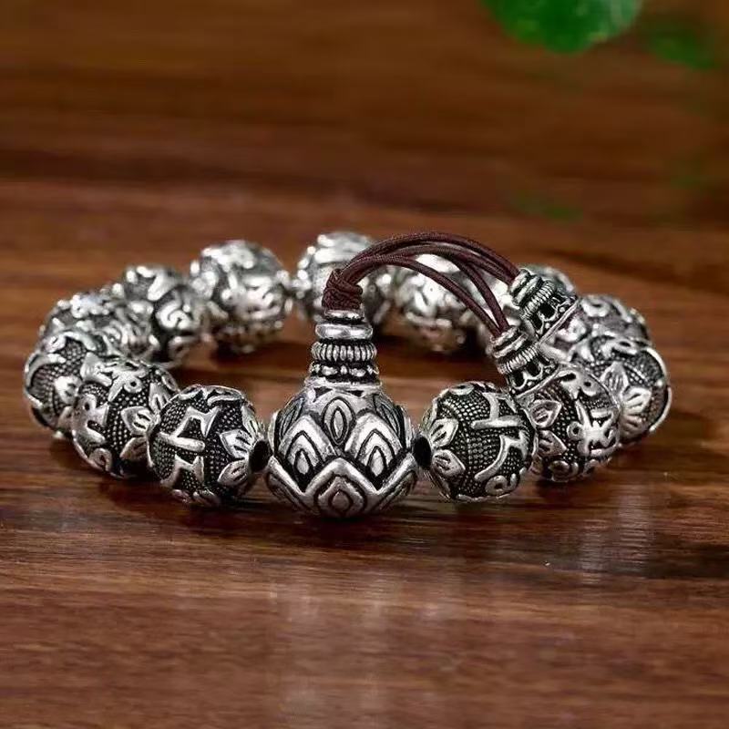 Ethnic Style Literary Buddhist Bead Men's Bracelet with Six-Syllable Mantra, Vintage Unique Design, Yunnan Snowflake Heart Sutra Beaded Bracelet