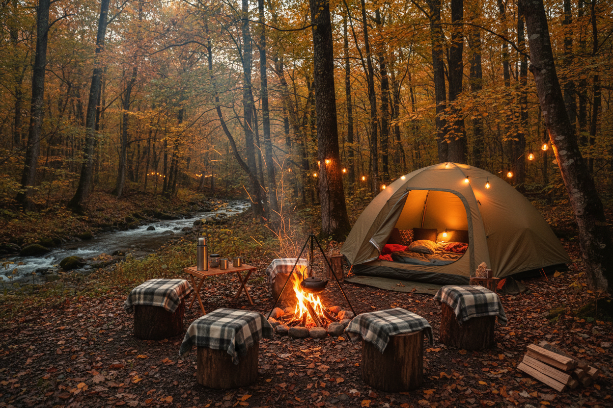 Cozy Campsite with Tent and Campfire